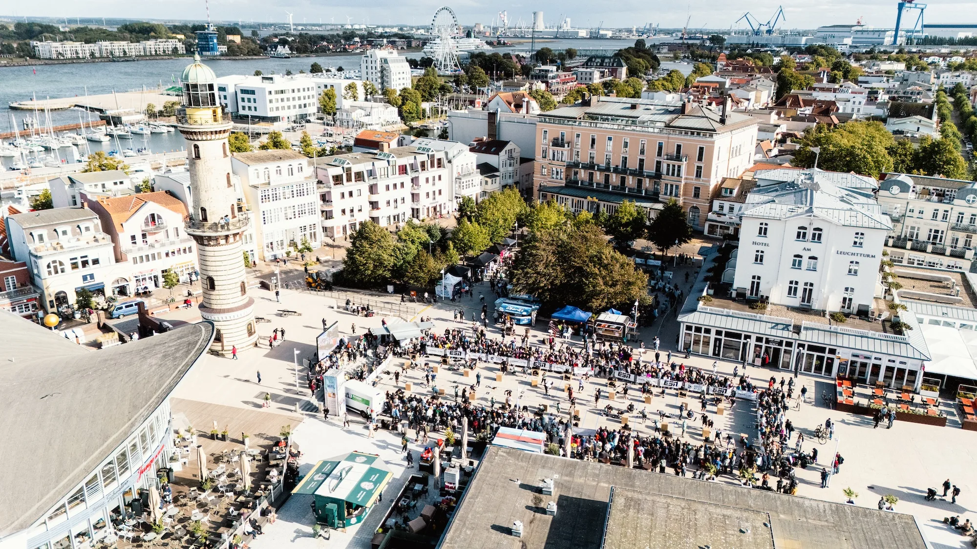 Aerial view of the Battle The Beach site at the Warnemünde lighthouse