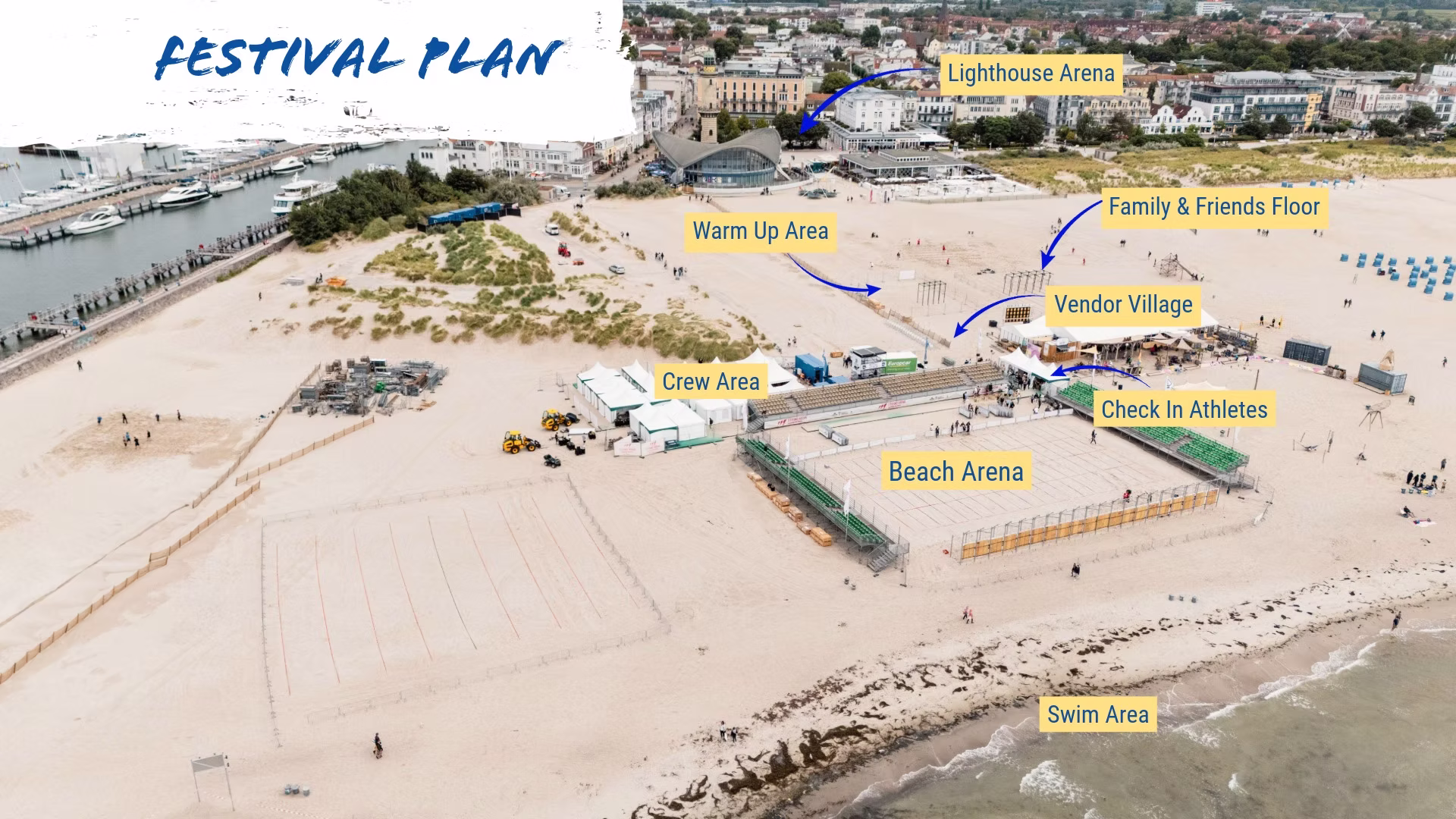Festival plan of Battle The Beach: Lighthouse Arena, Beach Arena, Warm Up Area, Vendor Village, Crew Area, Athlete Check In and Swim Area